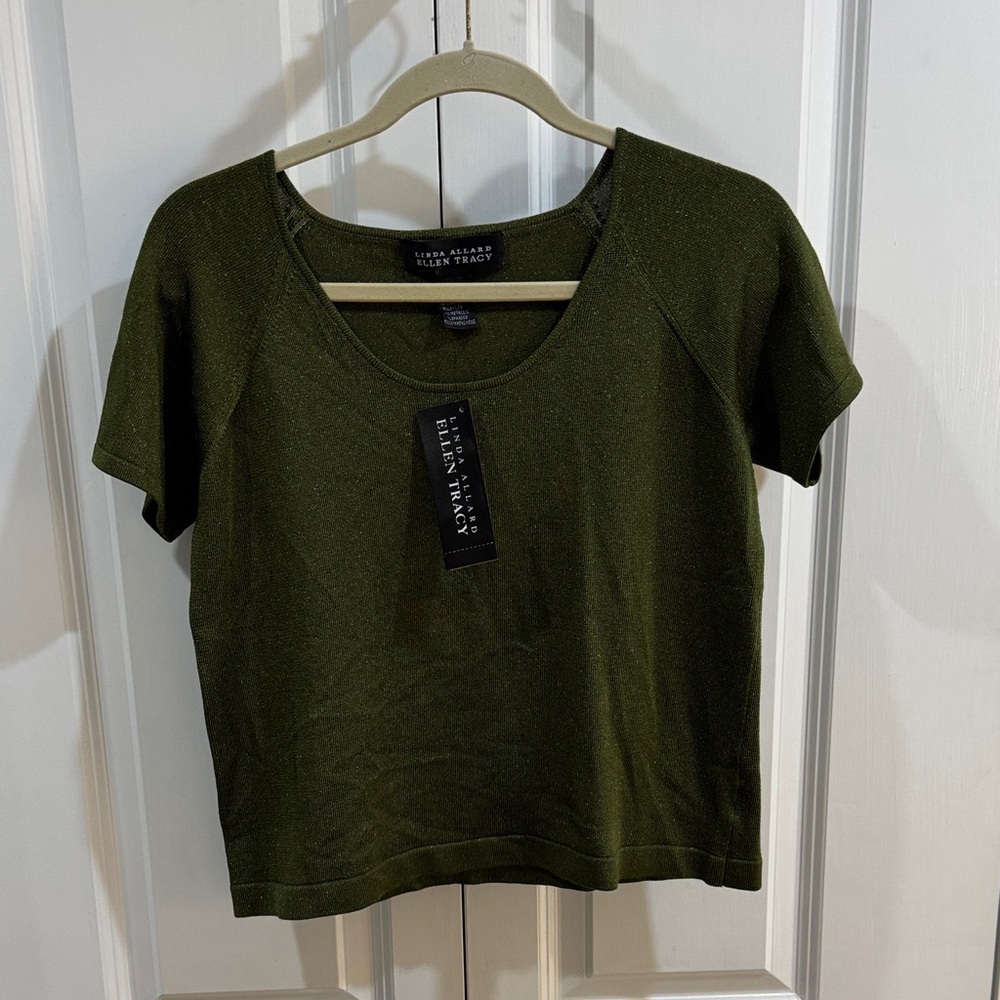 Ellen Tracy Women's Formal Metallic Stretchy Olive Short Sleeve Top Size XL